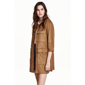 H&M Tan Camel Faux Suede Car Coat Open Cargo Pockets 6 / Small